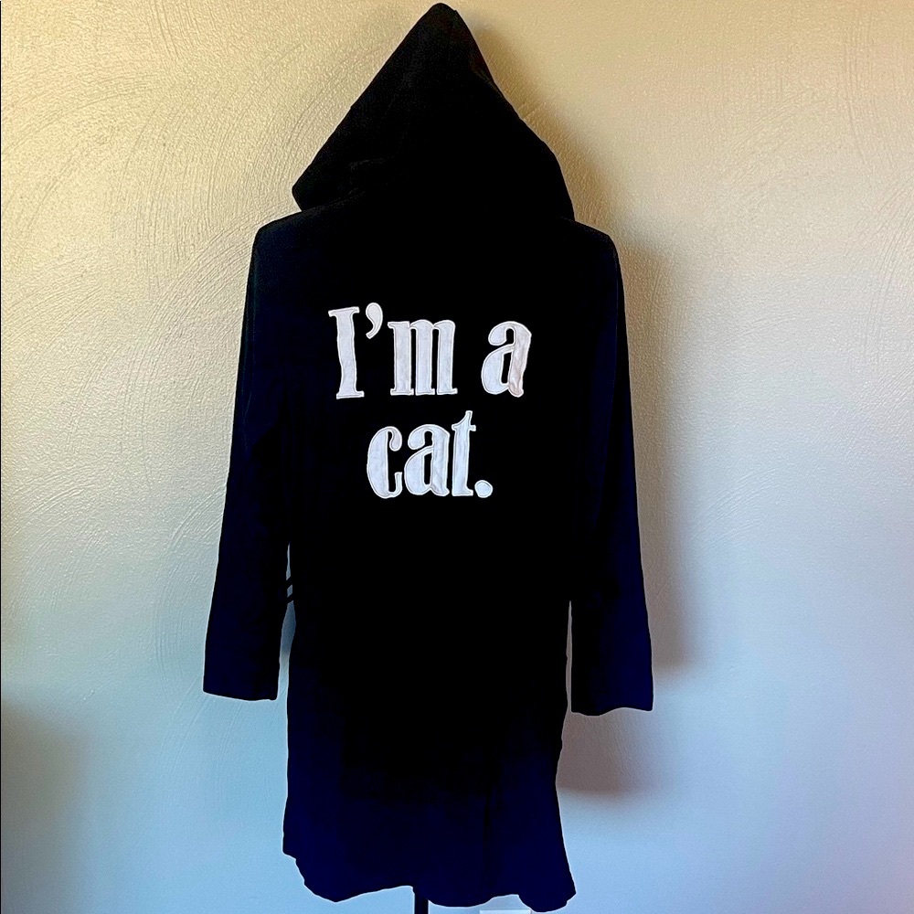 Forever 21 Black Cat Hooded Robe Women’s Size S Cozy Lounge Sleepwear